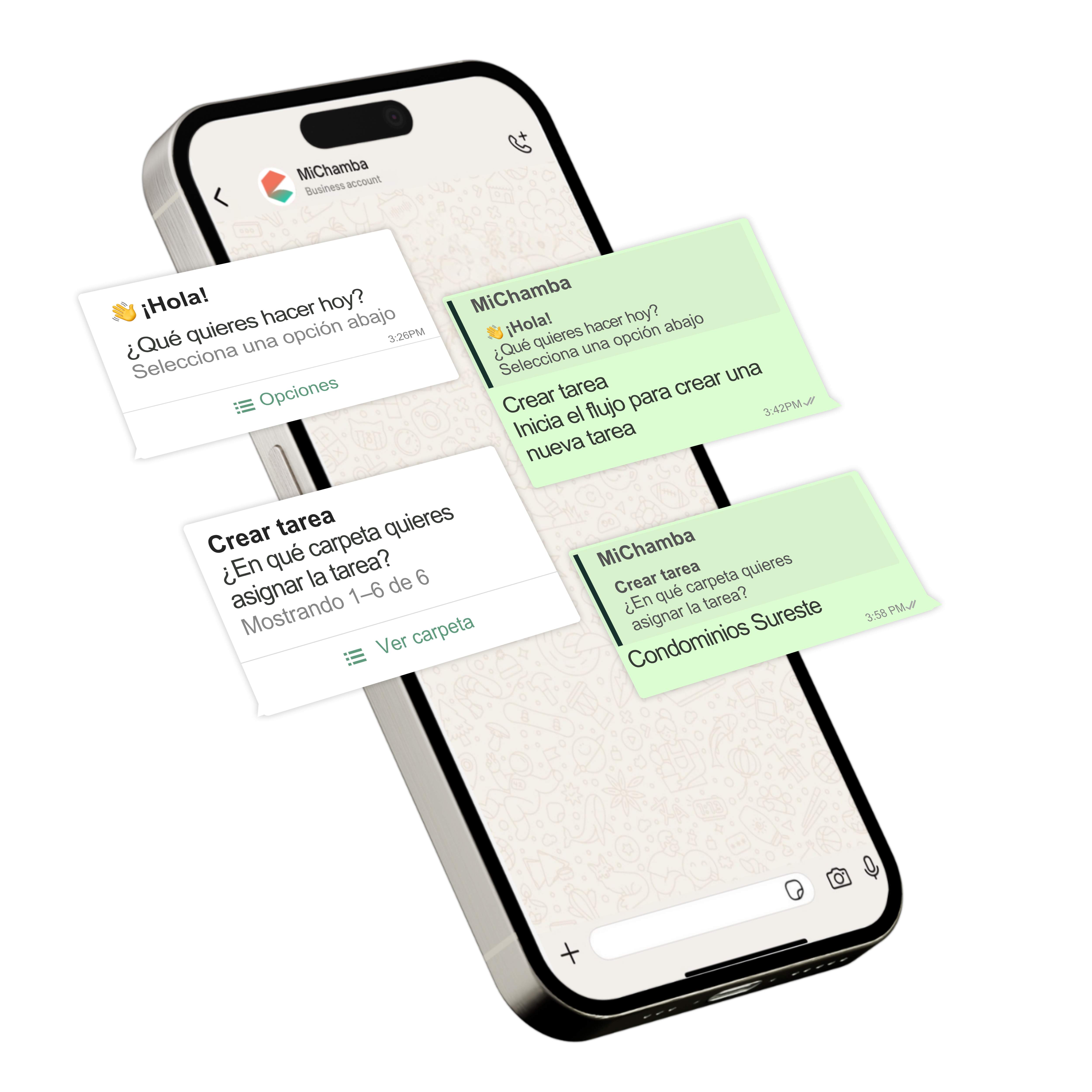 MiChamba app interface showing task management in WhatsApp